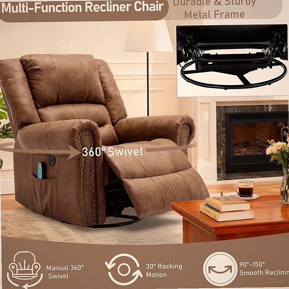 Manual 360° Swivel Rocker Recliner Chair Overstuffed Glider Massage Lounge Chair