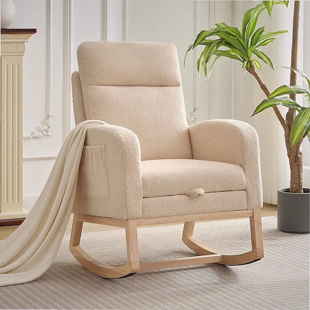 Modern Nursery Glider Rocking Chair w/Side Pocket High Back Recliner for Bedroom